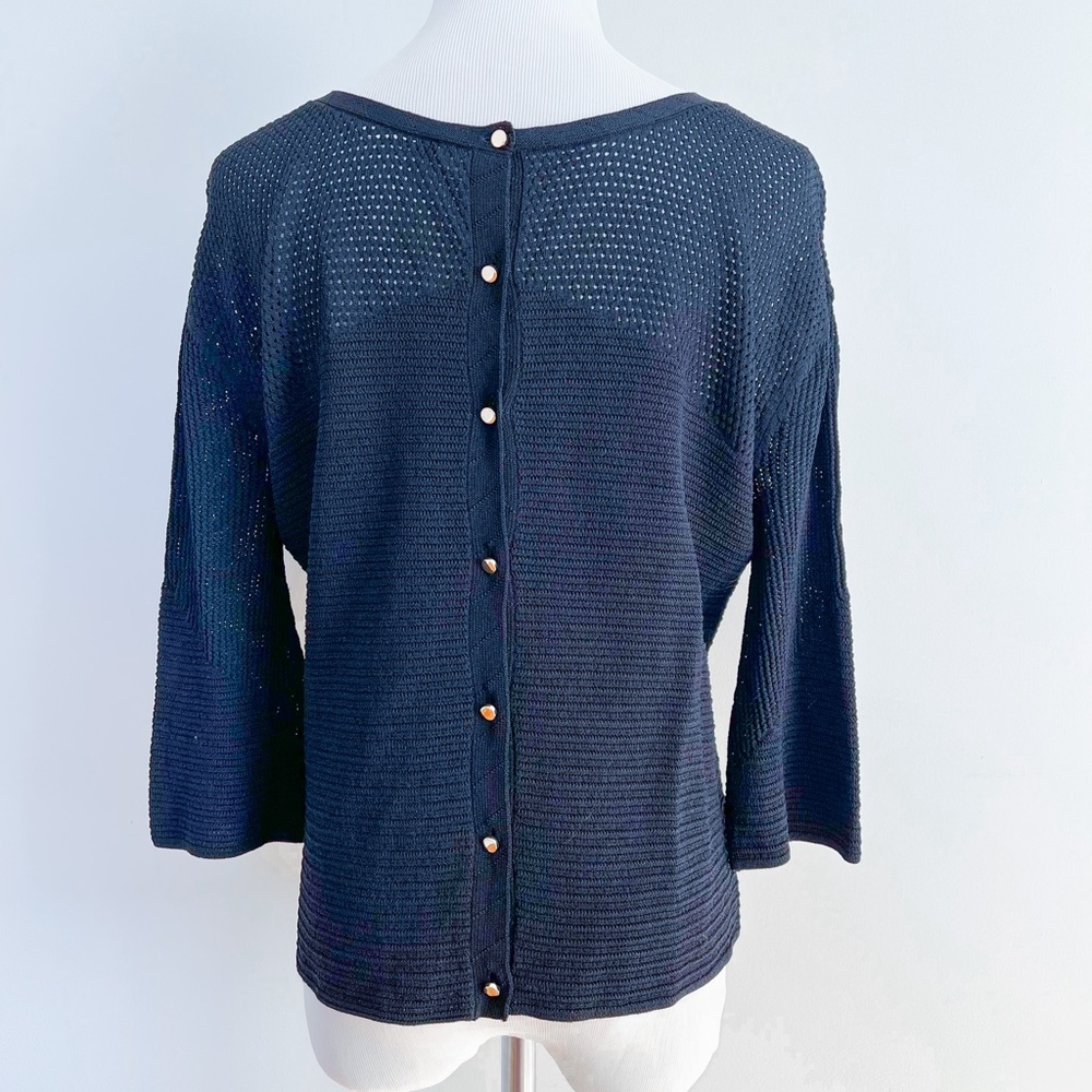 PENNYBLACK Black 3/4 Knit Top Wide Crop Office Semi-Sheer Gold buttons